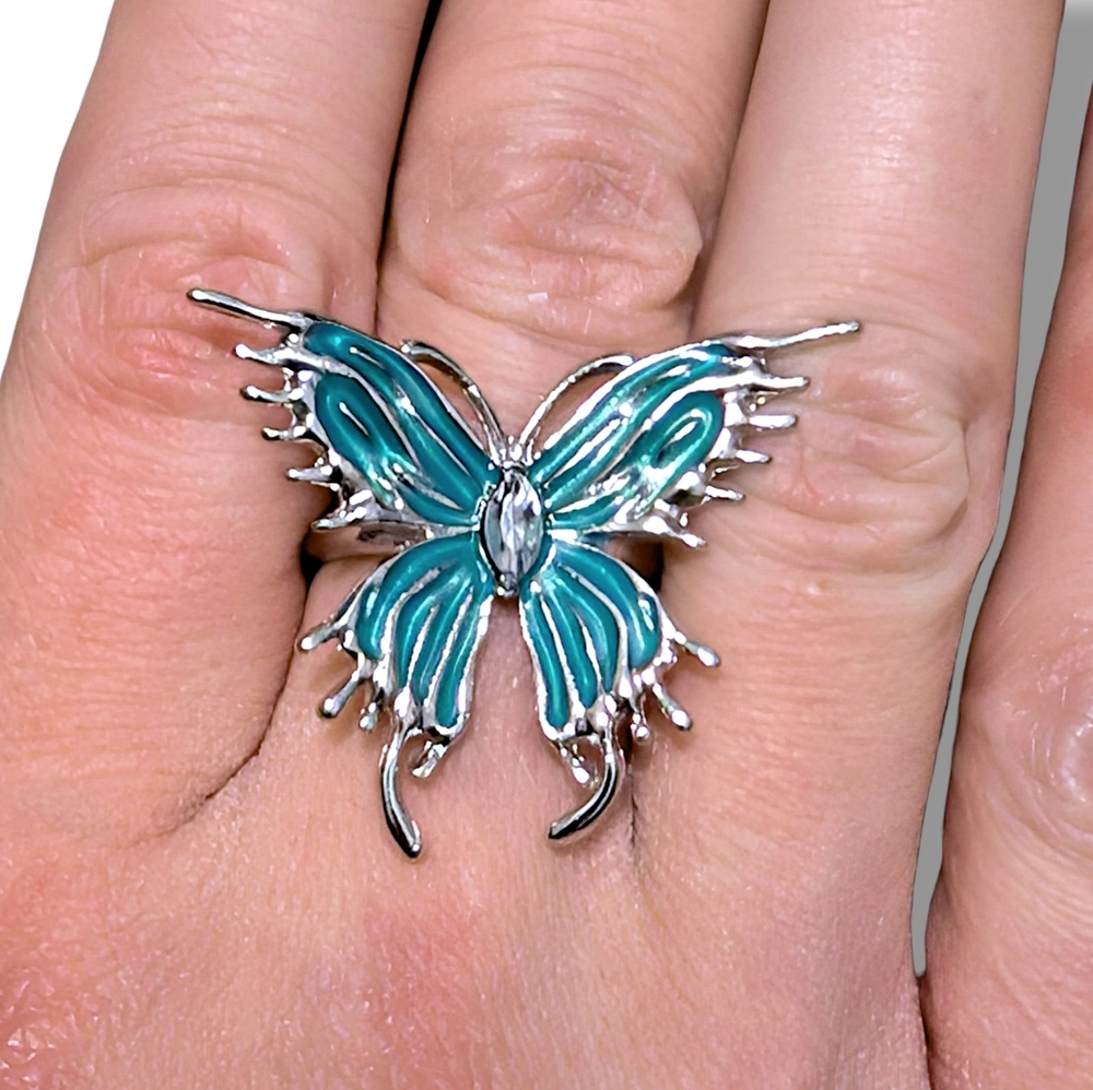 ⭐ NWT Boho Large Silver Blue Enamel Butterfly Ring RARE